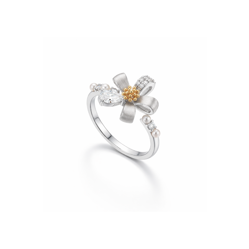 Silver Textured Pearl Cluster Ring