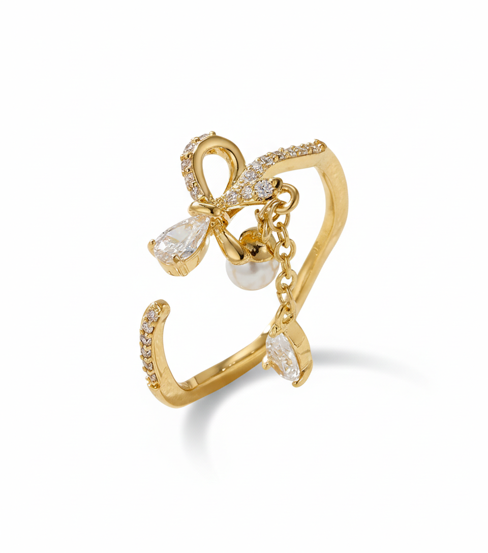 Bow & Teardrop Dangle Open Ring