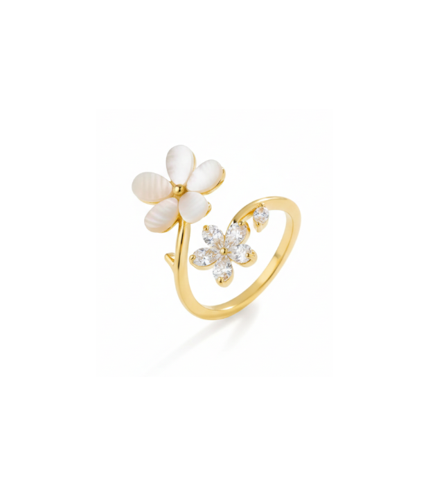 Ivory Petal & Crystal Flower Ring