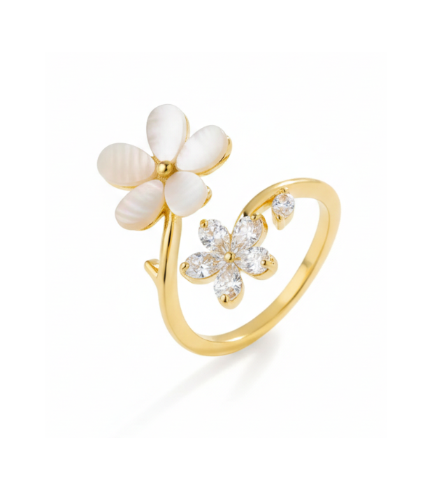 Ivory Petal & Crystal Flower Ring