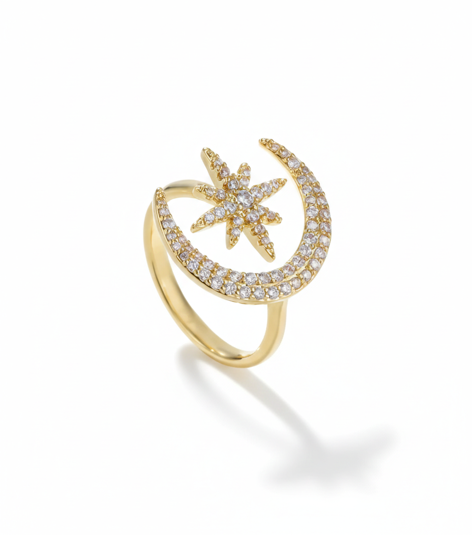 Pavé Crescent & Star Open Ring