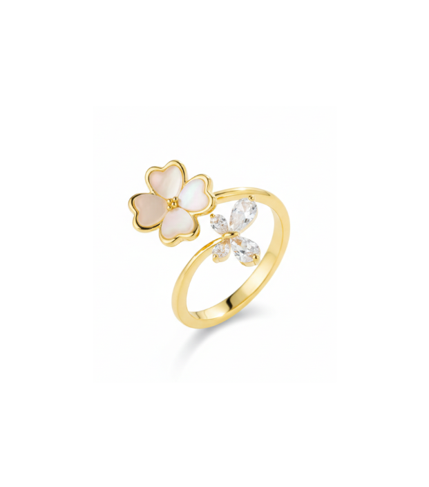 Spinning Clover & Crystal Flower Open Ring