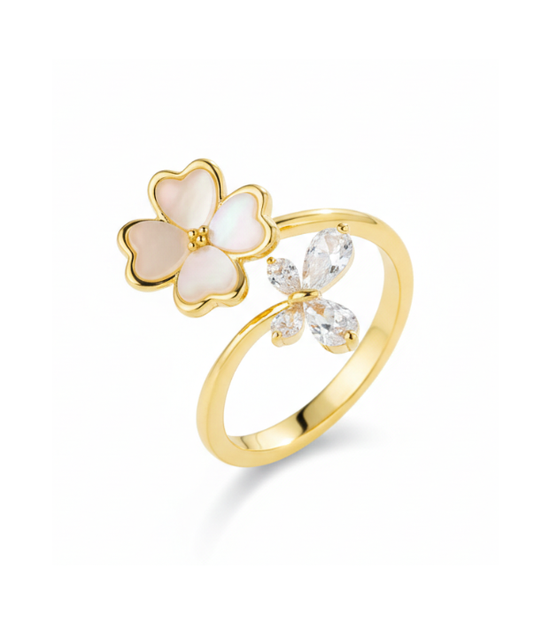 Spinning Clover & Crystal Flower Open Ring
