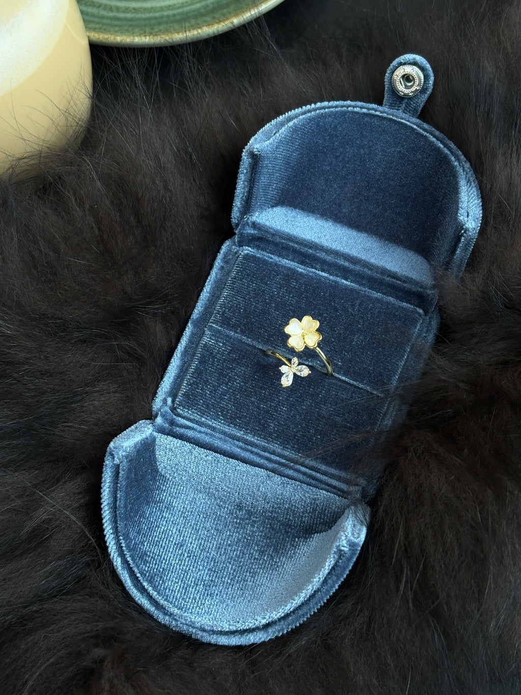 Spinning Clover & Crystal Flower Open Ring